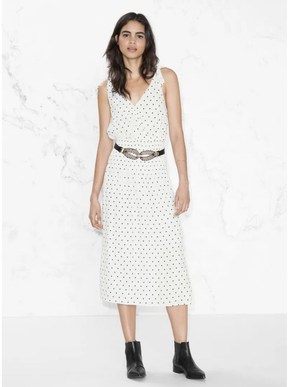 Polkadot Sleeveless Vneck Midi Dress